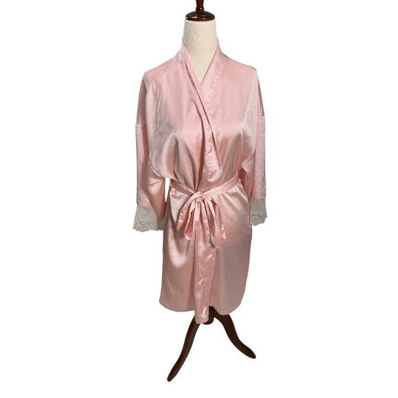 Vtg Halston Blush Pink Robe White Lace Trim Coquette Satin Boudoir Lingerie L/XL - Picture 1 of 7